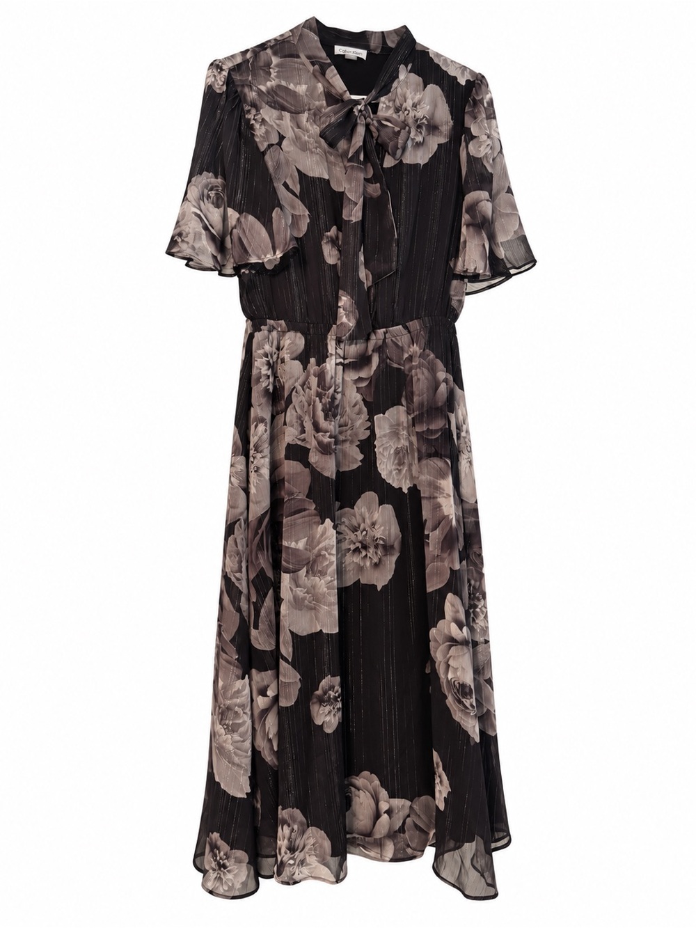NWT Calvin Klein Floral Metallic Flutter Sleeve Midi Dress Size 10 - Picture 3 of 9